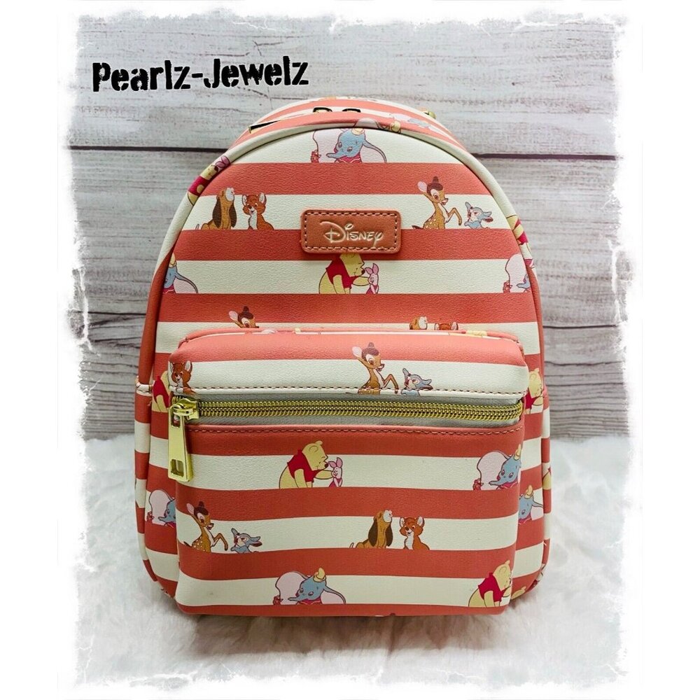 Disney Best Friends Pink Stripe Pooh Dumbo Fox & Hound Bambi Mini Backpack NWT